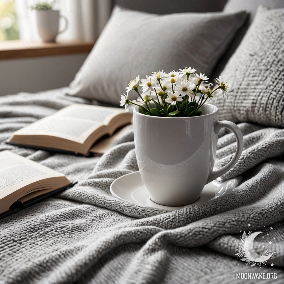 Крупным планом белое кресло с серым пледом, книгой, веткой с белыми цветами и чашкой кофе