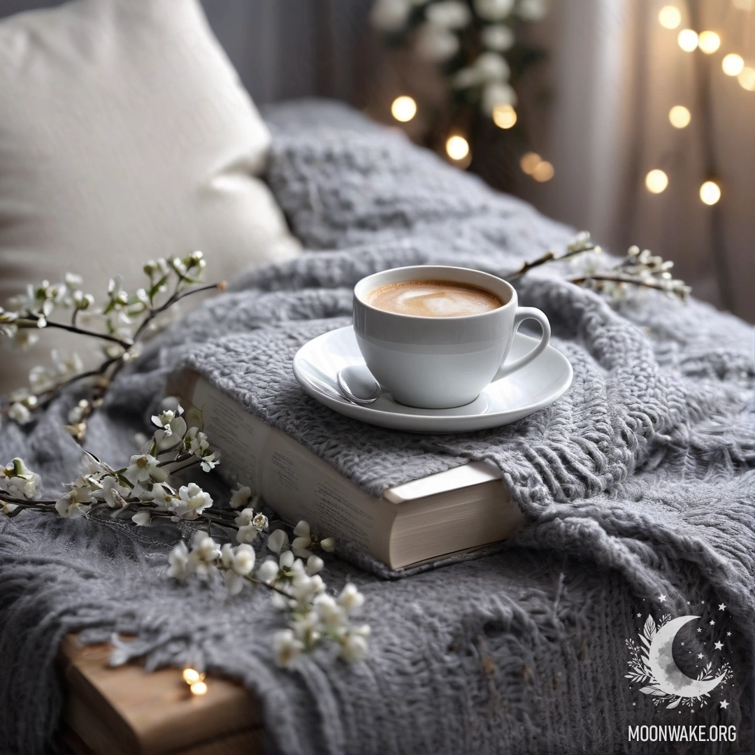 Крупный план белого кресла с вязаным пледом, книгой, веточкой с белыми цветами и чашкой кофе, украшенной гирляндой света.
