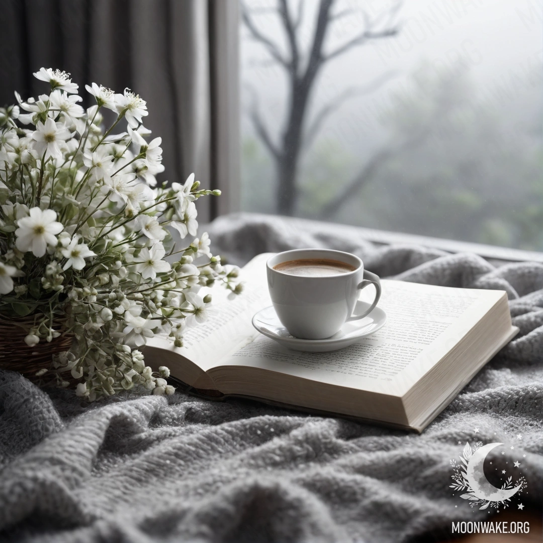 Крупный план белого стула с серым пледом, книгой, веткой с белыми цветами и чашкой кофе в густом тумане.