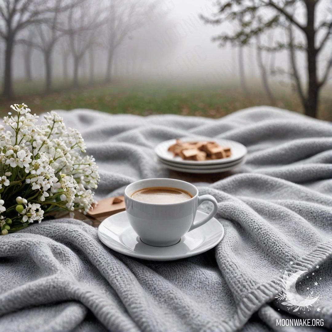 Крупный план уютного белого кресла с серым вязаным пледом, книгой, веточкой с белыми цветами и белой чашкой кофе на нем, окруженного густым туманом.