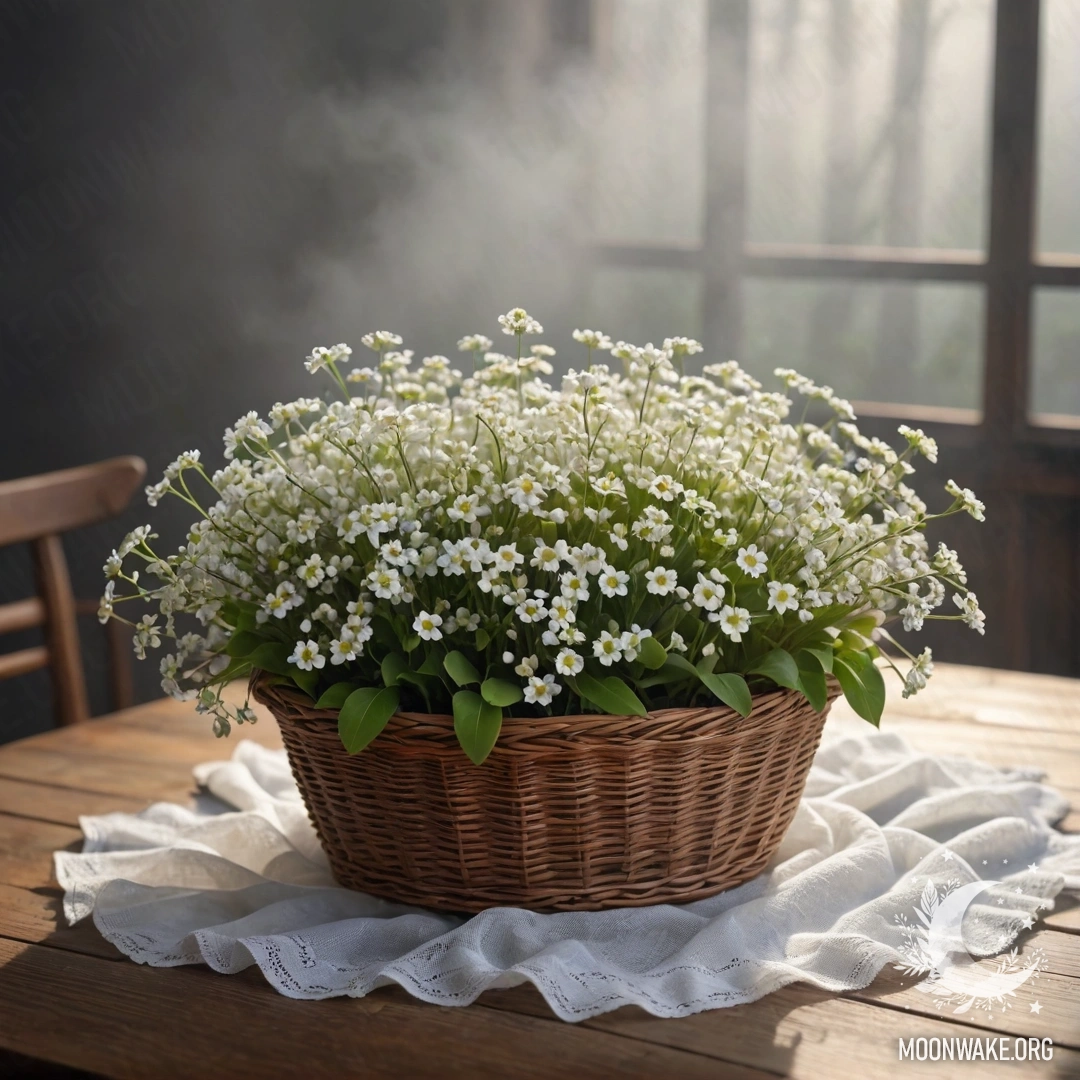 Корзина с маленькими белыми цветами стоит на деревянном столе, окружённая густым туманом и тяжёлым туманом.