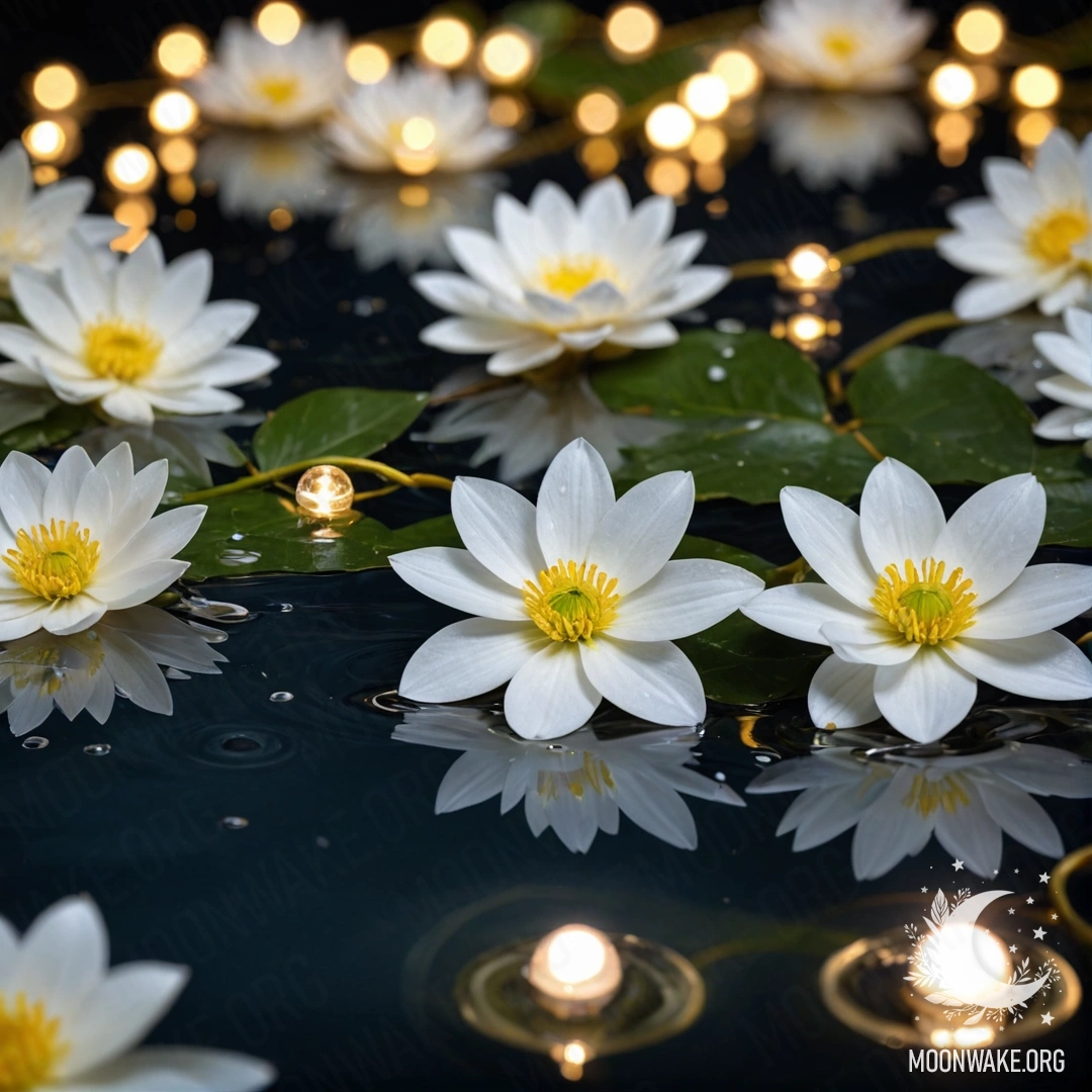 Спокойный пейзаж с уютными белыми цветами, нежно плавающими на воде, освещенными мягким светом гирлянды.