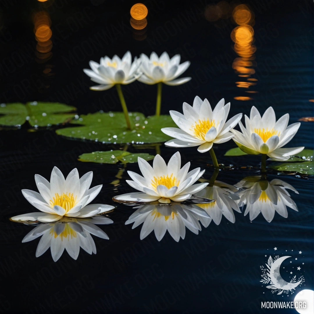 Спокойное изображение белых цветов, плавающих на темной поверхности воды ночью.