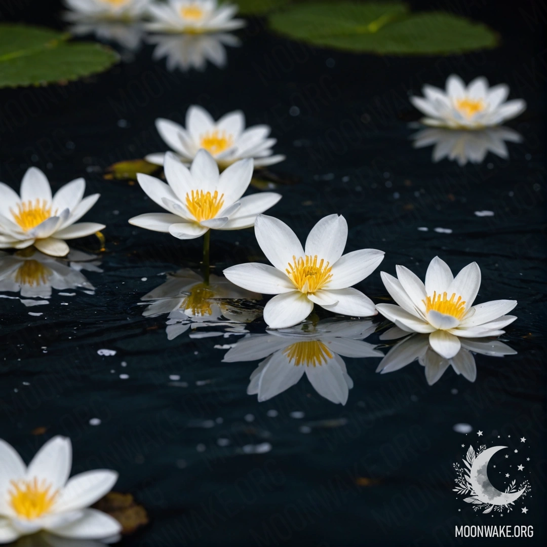 Спокойный пейзаж с белыми цветами, плывущими на поверхности темной воды ночью.