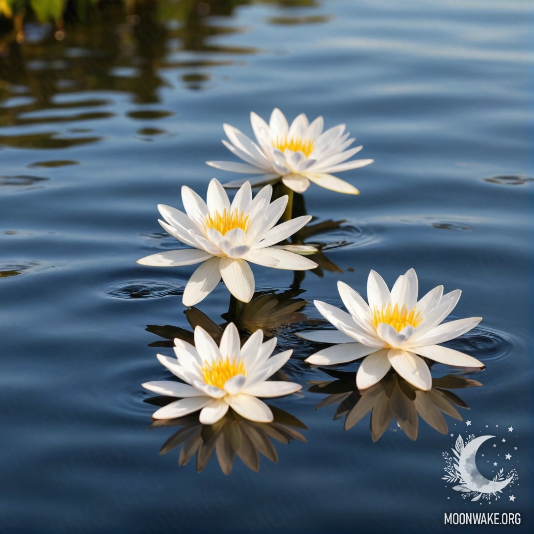 Спокойный вид белых цветов, нежно плавающих на поверхности воды на закате, с мягкими цветами, смешивающимися в небе.