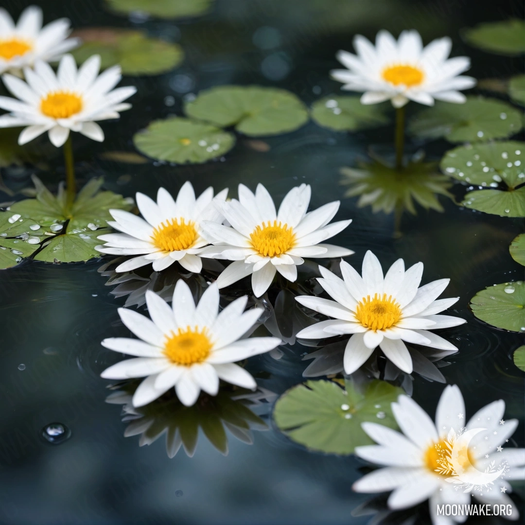 Умиротворяющий вид с нежными белыми цветами, плывущими по поверхности воды, снятыми через мягкую линзу.