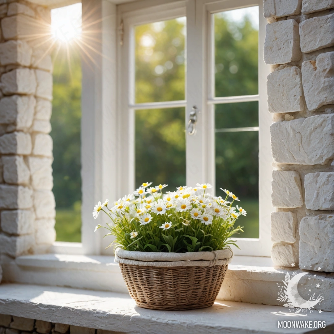 Яркое открытое окно с корзиной ромашек на подоконнике, сквозь которое льется свет.