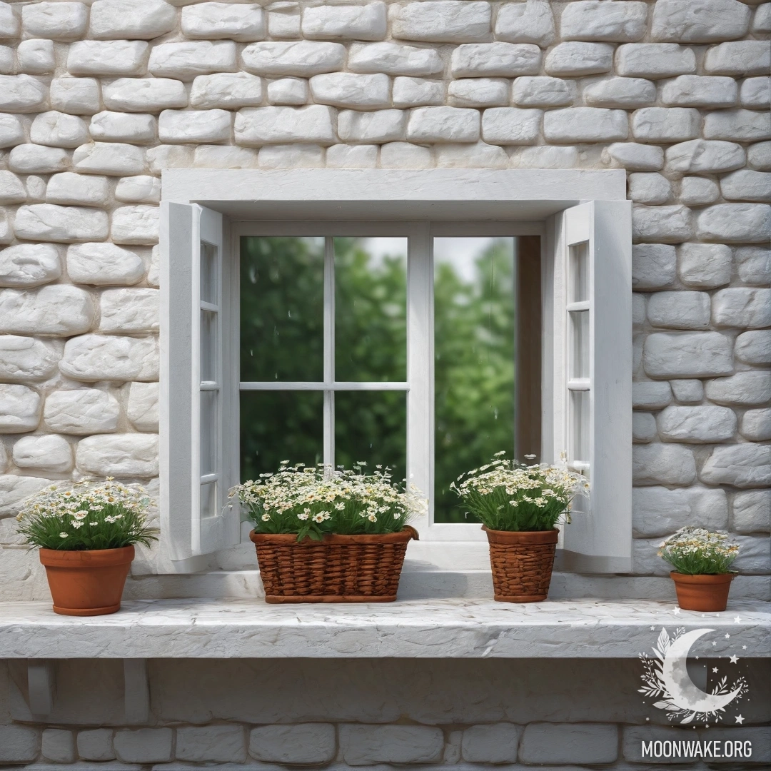 Уютная белая каменная стена с открытым окном и корзиной ромашек под дождем.