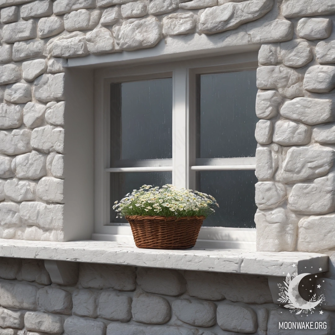 Уютная сцена с белой каменной стеной, открытым окном и корзиной с ромашками на подоконнике, под дождем снаружи.