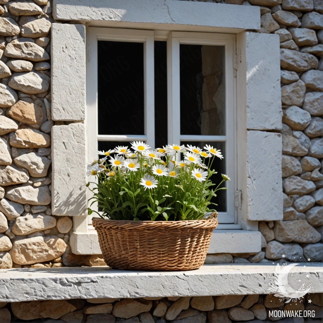 Уютная белая каменная стена с открытым окном и корзиной с ромашками на подоконнике, освещенной солнечными лучами.