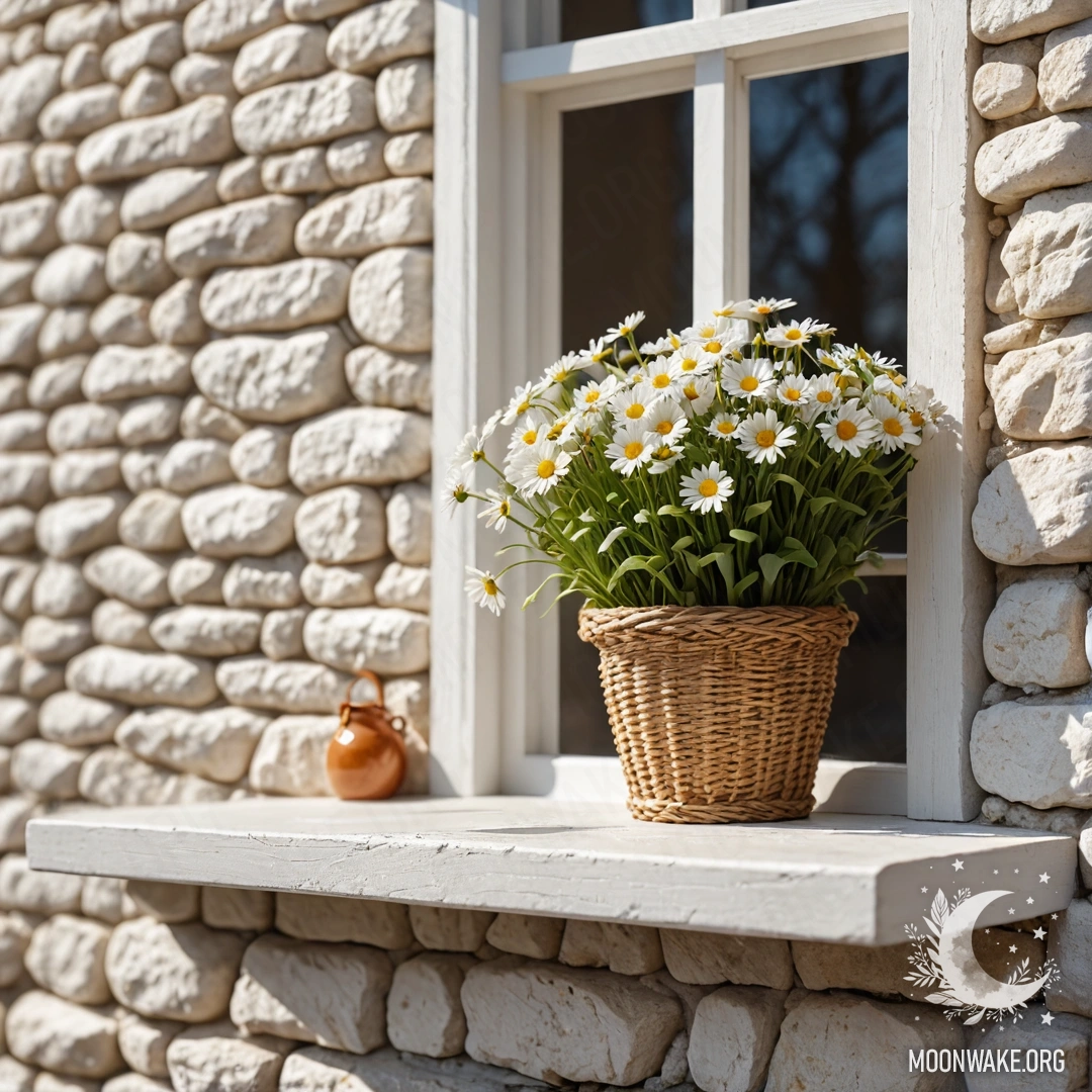 Уютная белая каменная стена с открытым окном и корзиной с ромашками на подоконнике.
