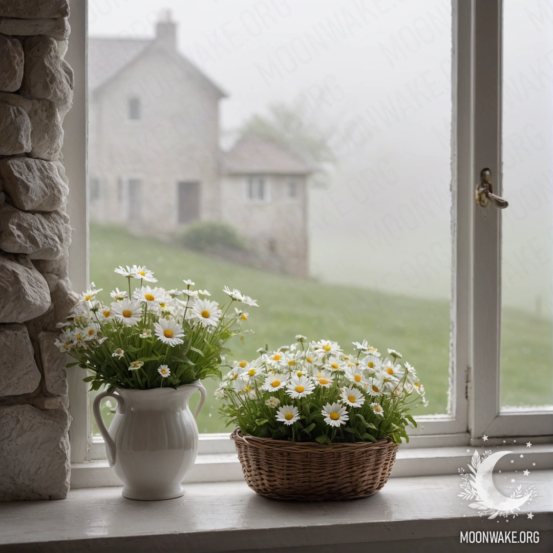 Белая каменная стена с открытым окном и корзиной с ромашками на подоконнике в густом тумане.