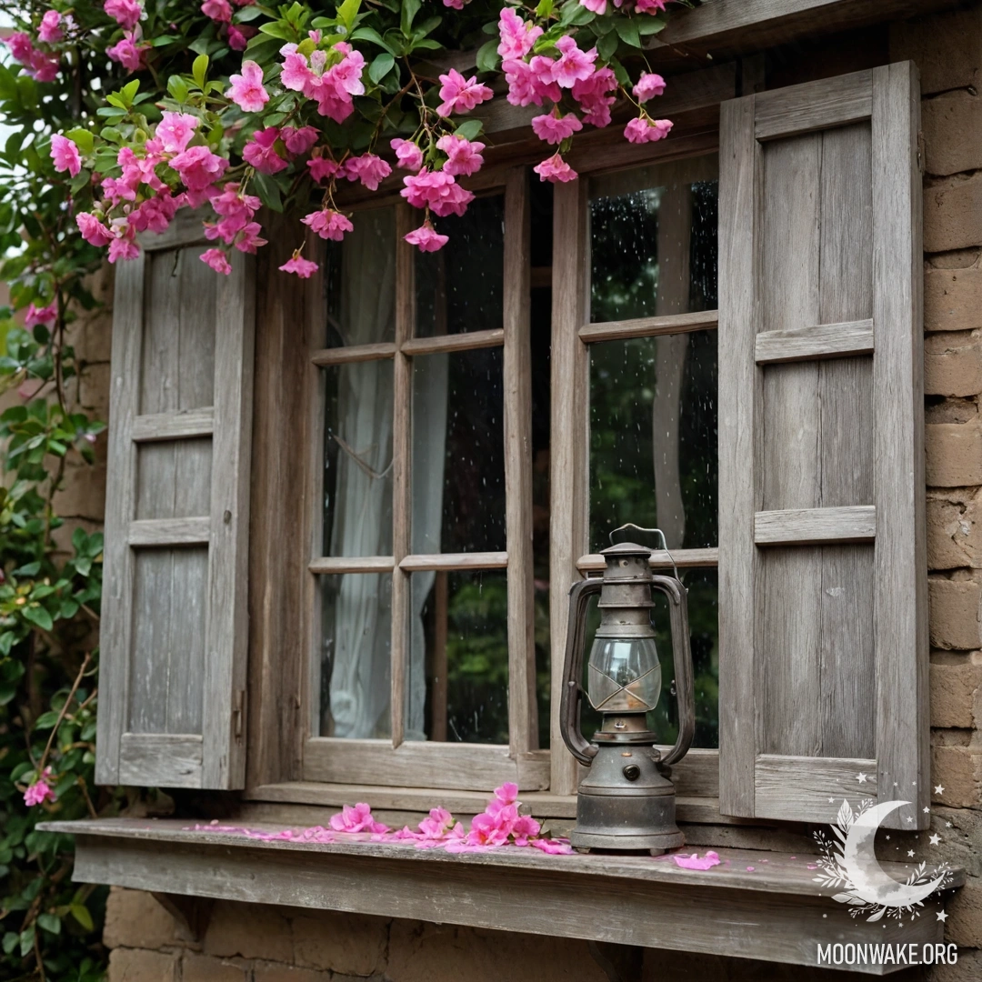 Старое деревянное окно с ставнями, керосиновая лампа и ветка с розовыми цветами под дождем.