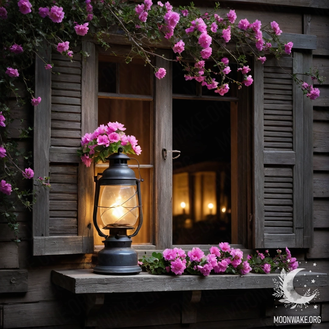 Потертое деревянное окно с ставнями, керосиновая лампа и розовые цветы