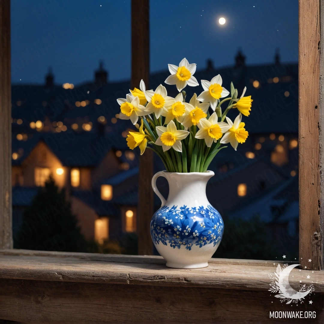 Старый потёртый оконный подоконник ночью с фарфоровой вазой, в которой находятся нарциссы и незабудки.