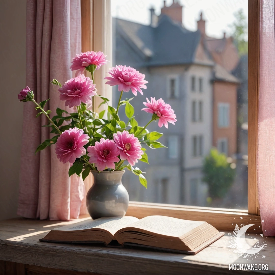 Деревянный подоконник с старой поцарапанной книгой, серой вазой с розовыми цветами и розовой занавеской, освещённой солнечными лучами.