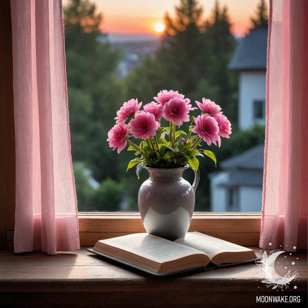 Уютный деревянный подоконник с старой потрепанной книгой и серой вазой с розовыми цветами, обрамленный розовой занавеской на фоне заката.