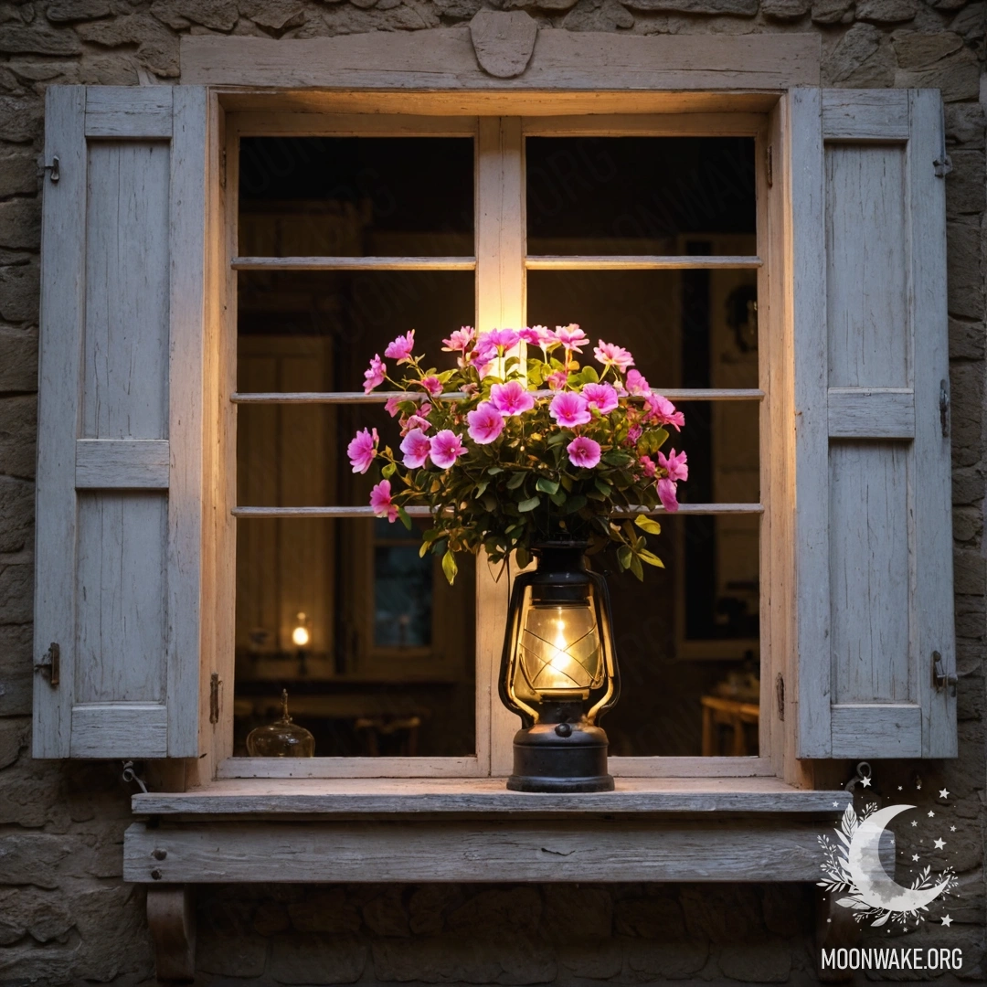Старое деревянное окно с ставнями и керосиновой лампой, окруженное веткой с розовыми цветами ночью.