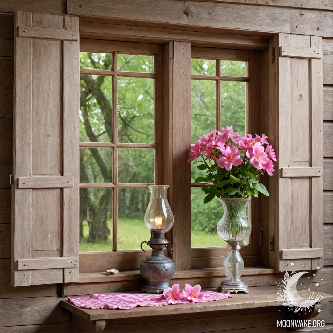 Старое деревянное окно с ставнями, керосиновая лампа над ним и розовые цветы.