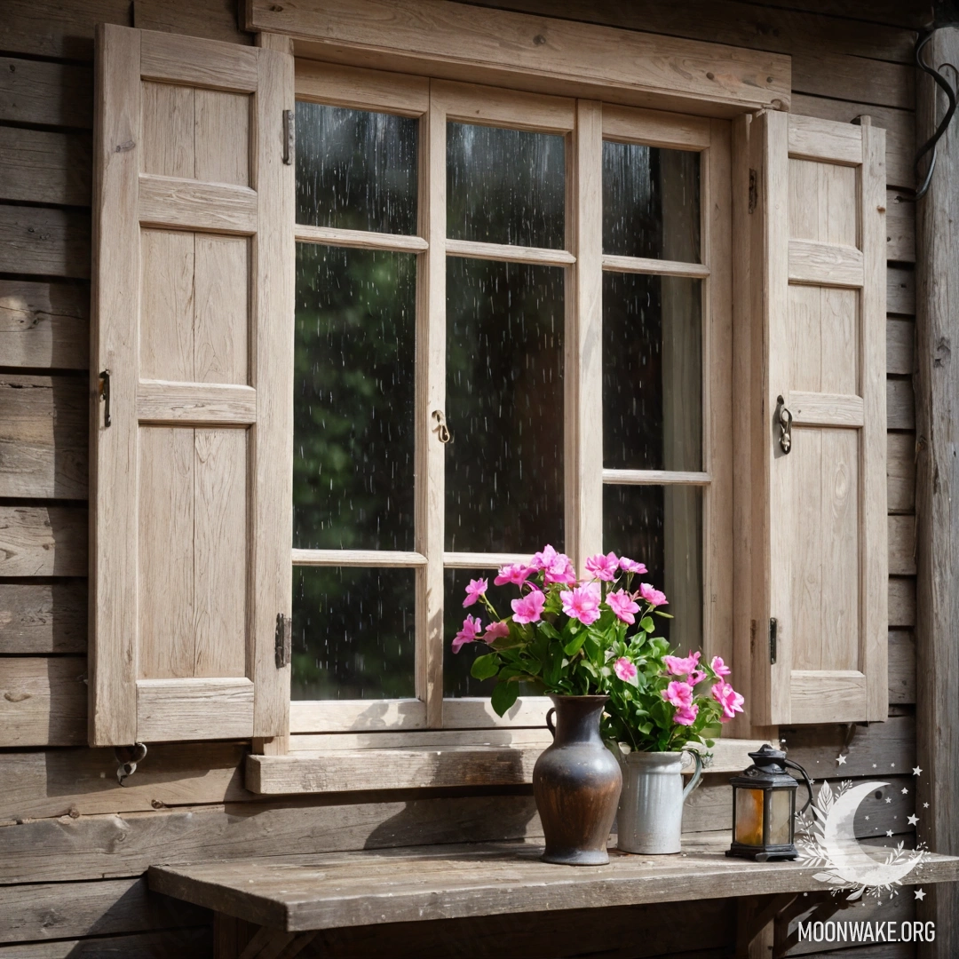 Фотореалистичное изображение shabby-древесного окна с розовыми цветами и керосиновой лампой над ним на фоне дождя.