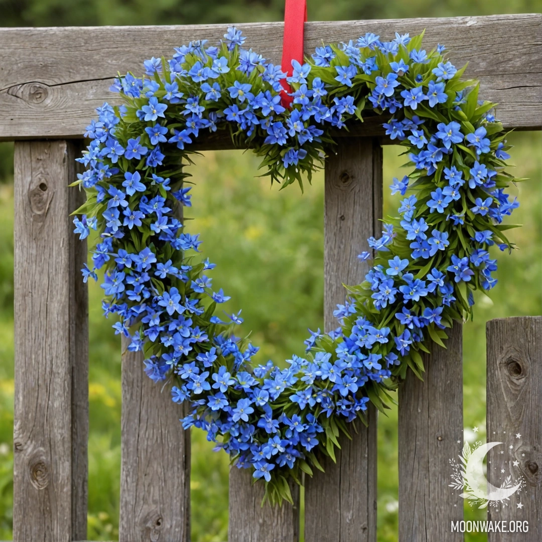 Крупным планом изображен старый деревянный забор с венком из синих цветов в форме сердца.