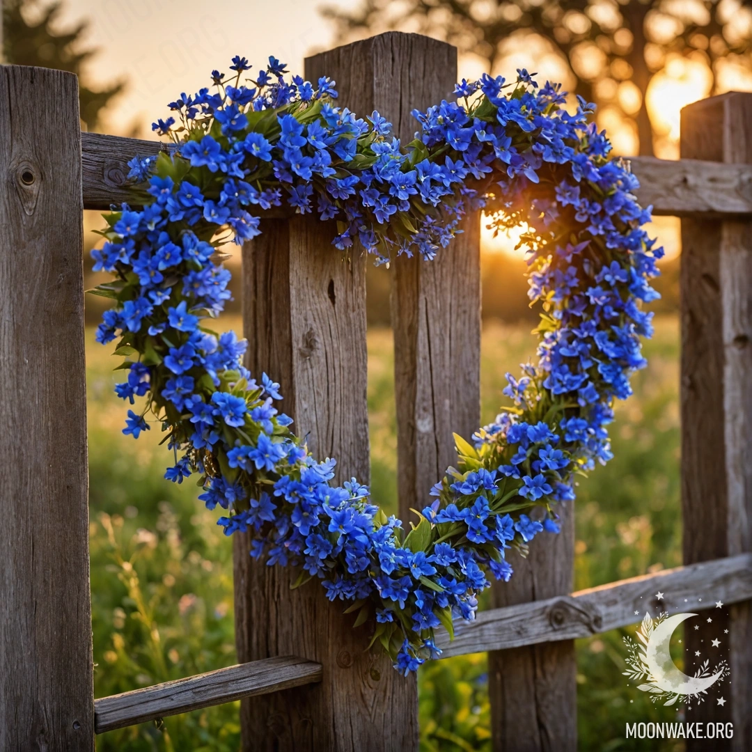 Крупный план старого деревянного забора с венком в форме сердца из синих цветов на закате.