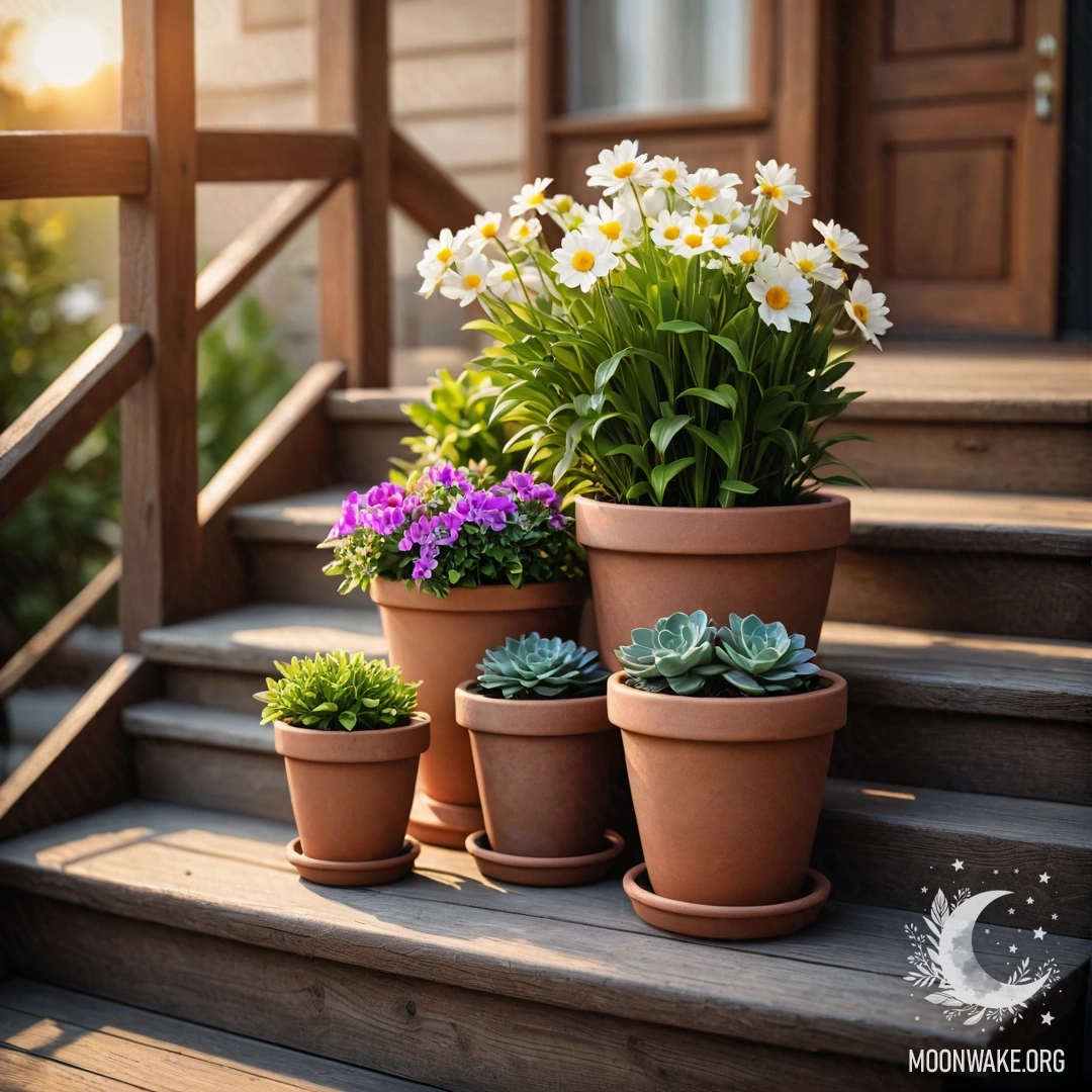 Фотореалистичное изображение уютной деревянной лестницы, украшенной цветочными горшками на закате.