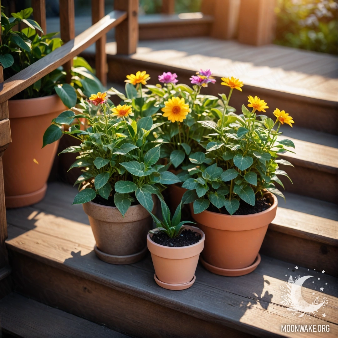 Деревянная лестница, украшенная цветочными горшками на закате.