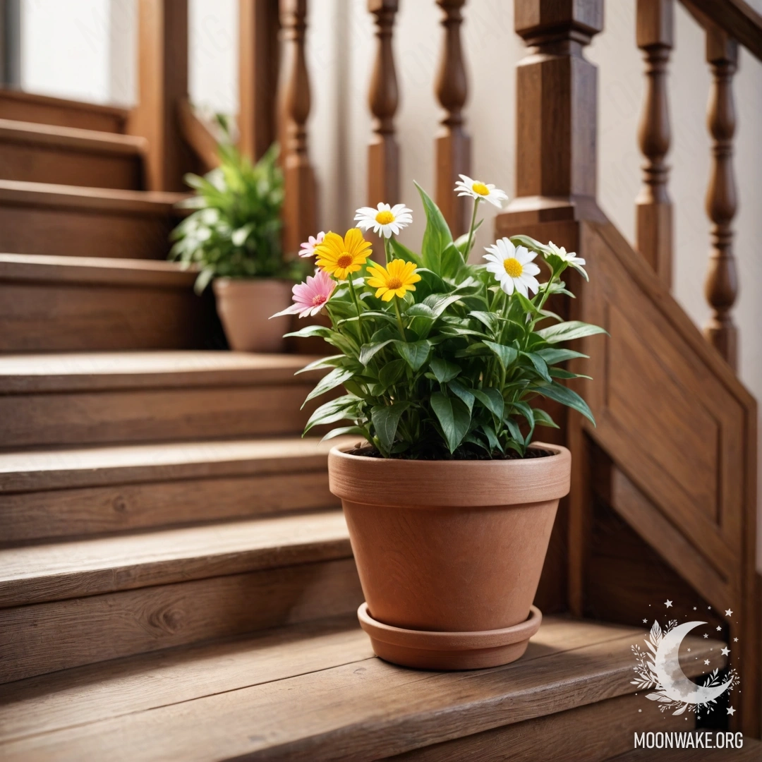 Уютная деревянная лестница, украшенная цветочными горшками, создающая теплую атмосферу.