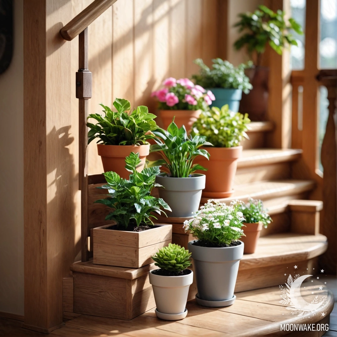 Уютная деревянная лестница, украшенная цветочными горшками, создающая теплую атмосферу.