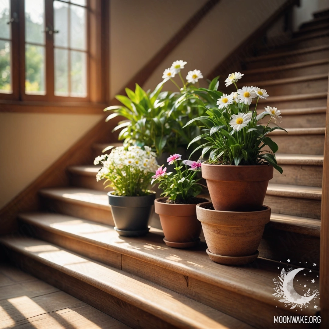 Уютная деревянная лестница, украшенная яркими горшками цветов на фоне солнечных лучей.