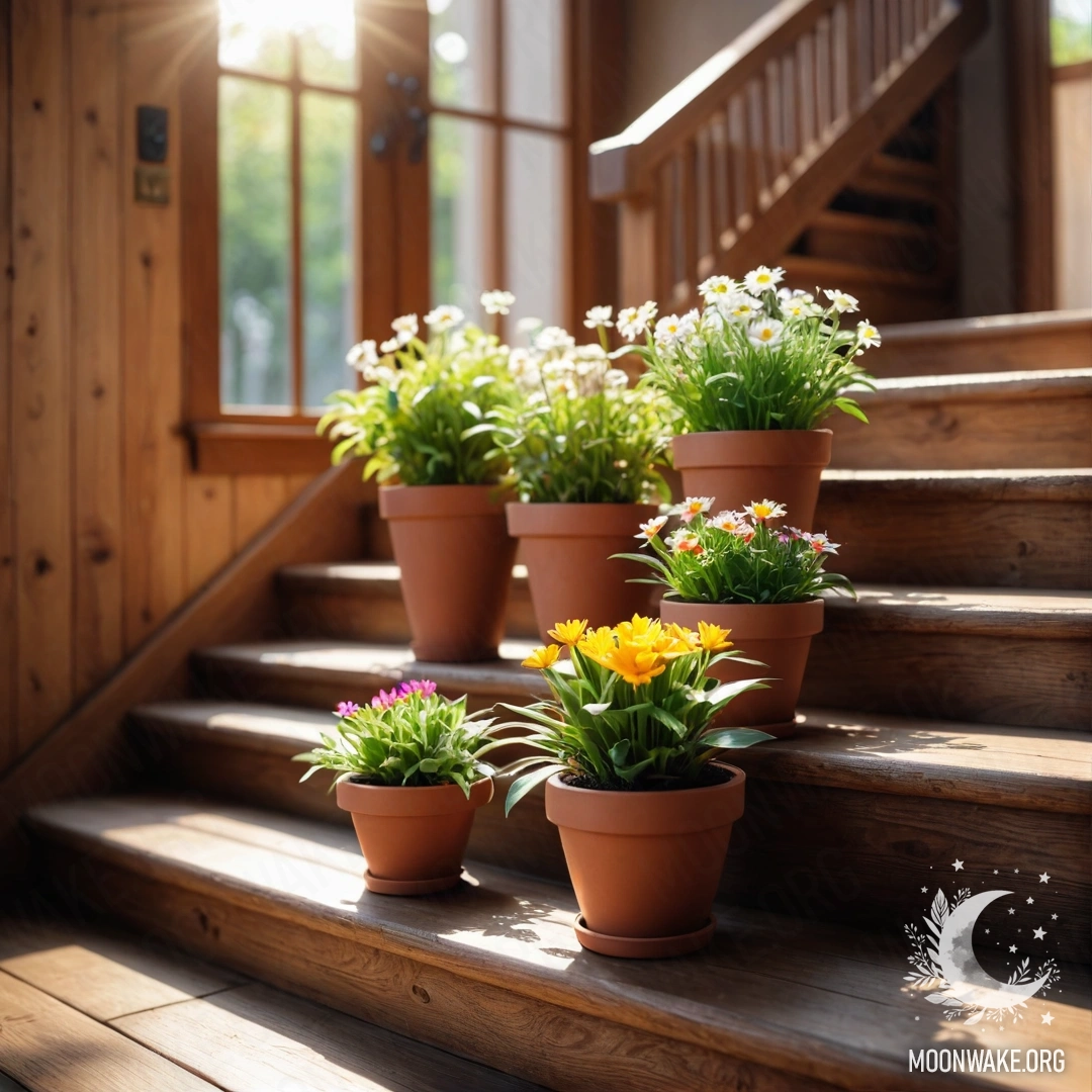 Деревянная лестница, украшенная цветочными горшками, залитыми солнечными лучами.