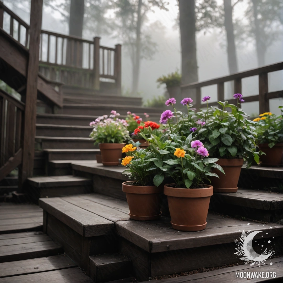 Деревянная лестница, украшенная горшками с растениями, окутанная густым туманом.