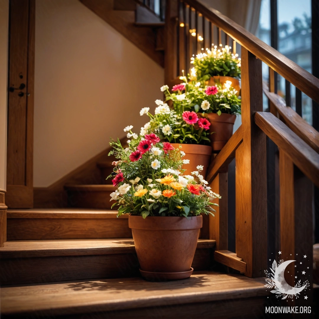 Деревянная лестница, украшенная цветочными горшками и мерцающей гирляндой.