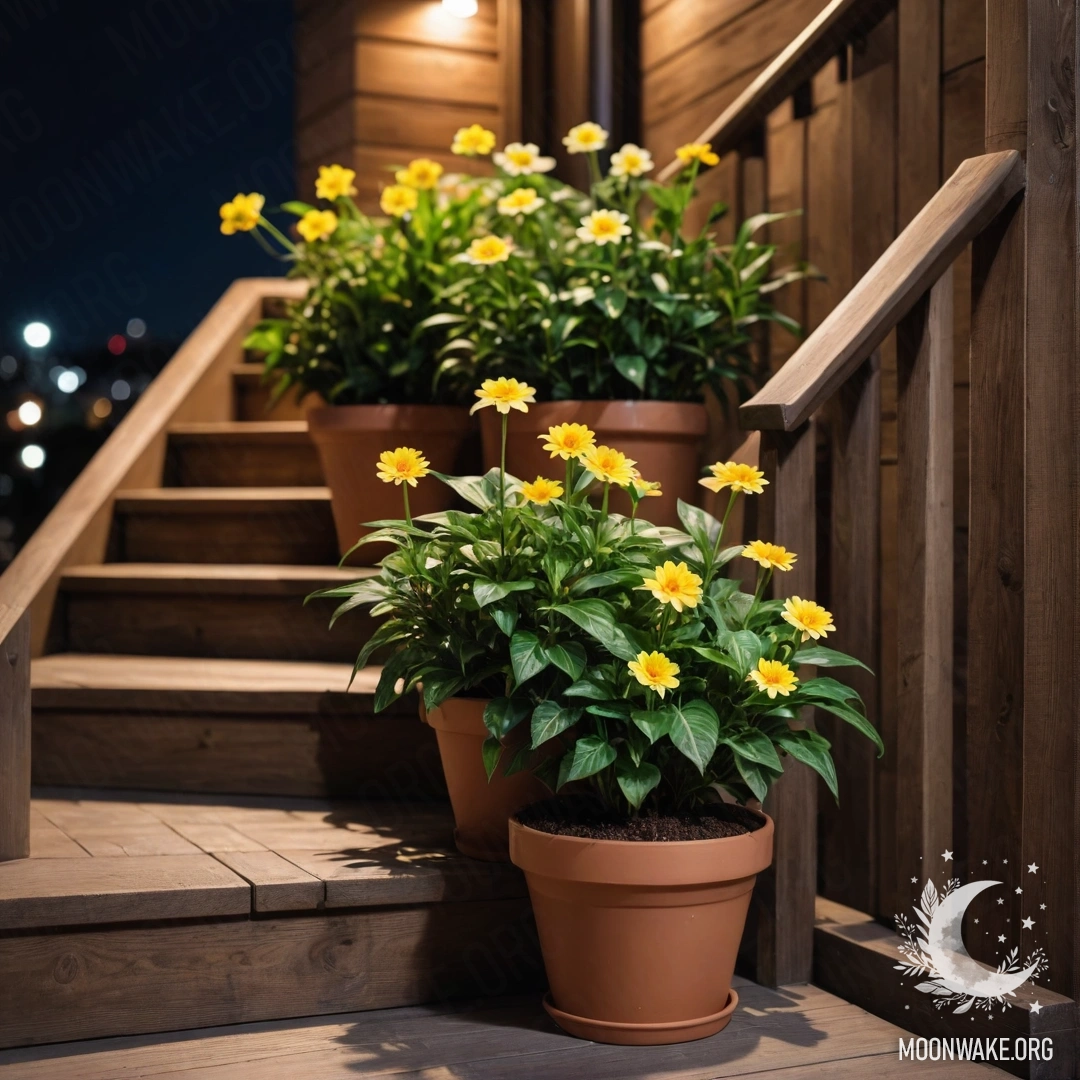 Уютная деревянная лестница, украшенная цветочными горшками ночью.