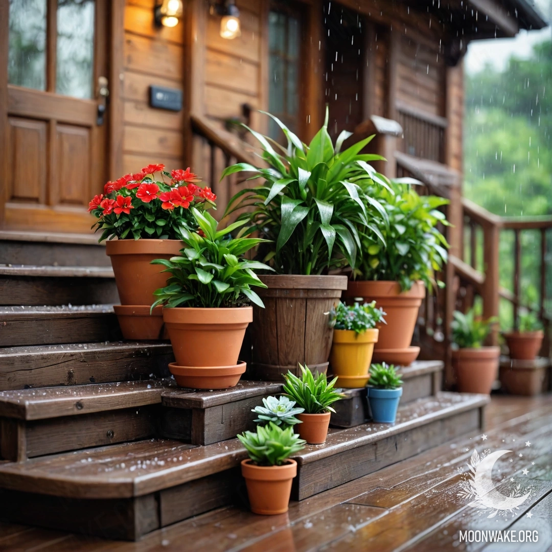 Уютная деревянная лестница с цветочными горшками под дождем.