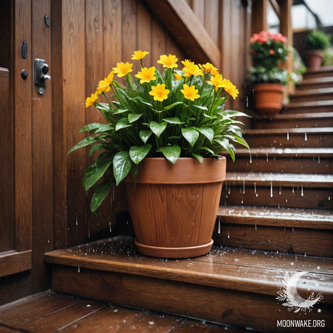 Уютная сцена с цветочными горшками на деревянной лестнице, промокшими под дождем.