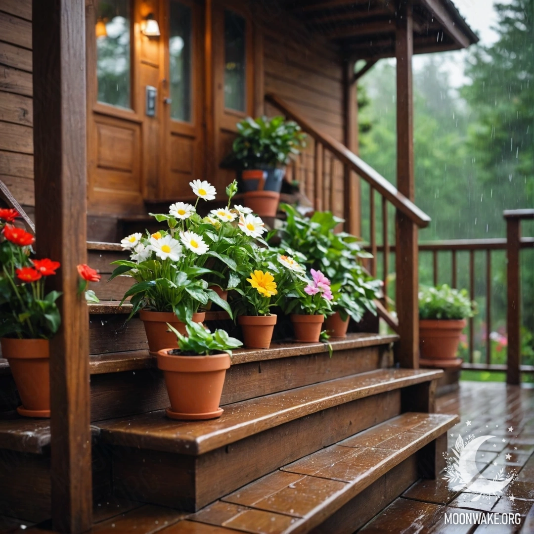 Деревянная лестница с цветочными горшками, вокруг падает дождь.