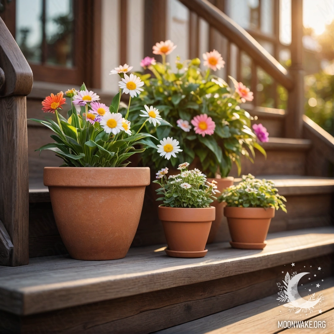 Деревянная лестница, украшенная цветочными горшками под ярким закатом.