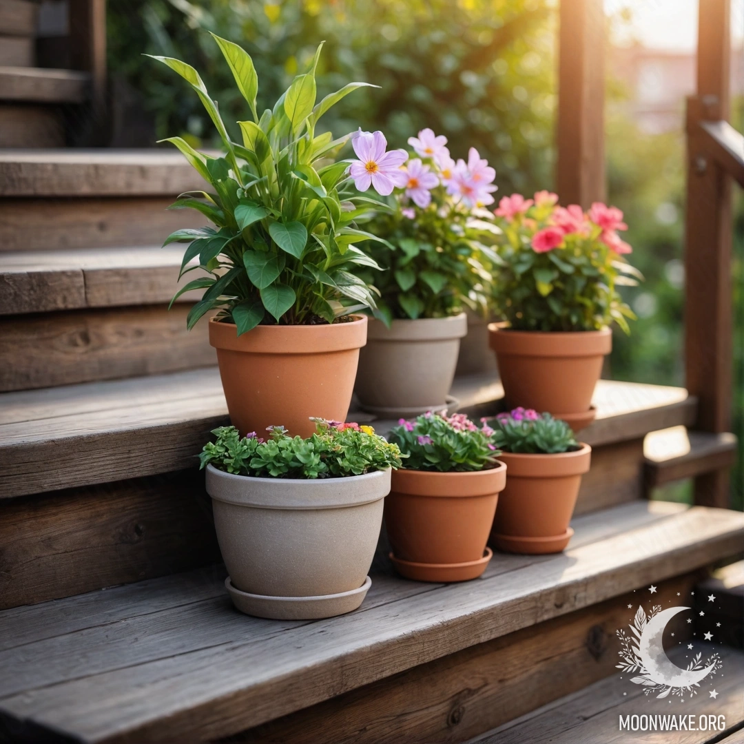 Уютная деревянная лестница, украшенная цветочными горшками на фоне заката.