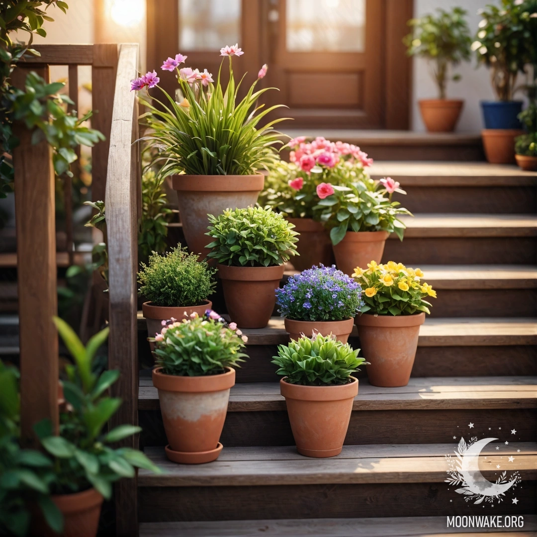 Деревянная лестница, украшенная вазонами на фоне закатного неба.