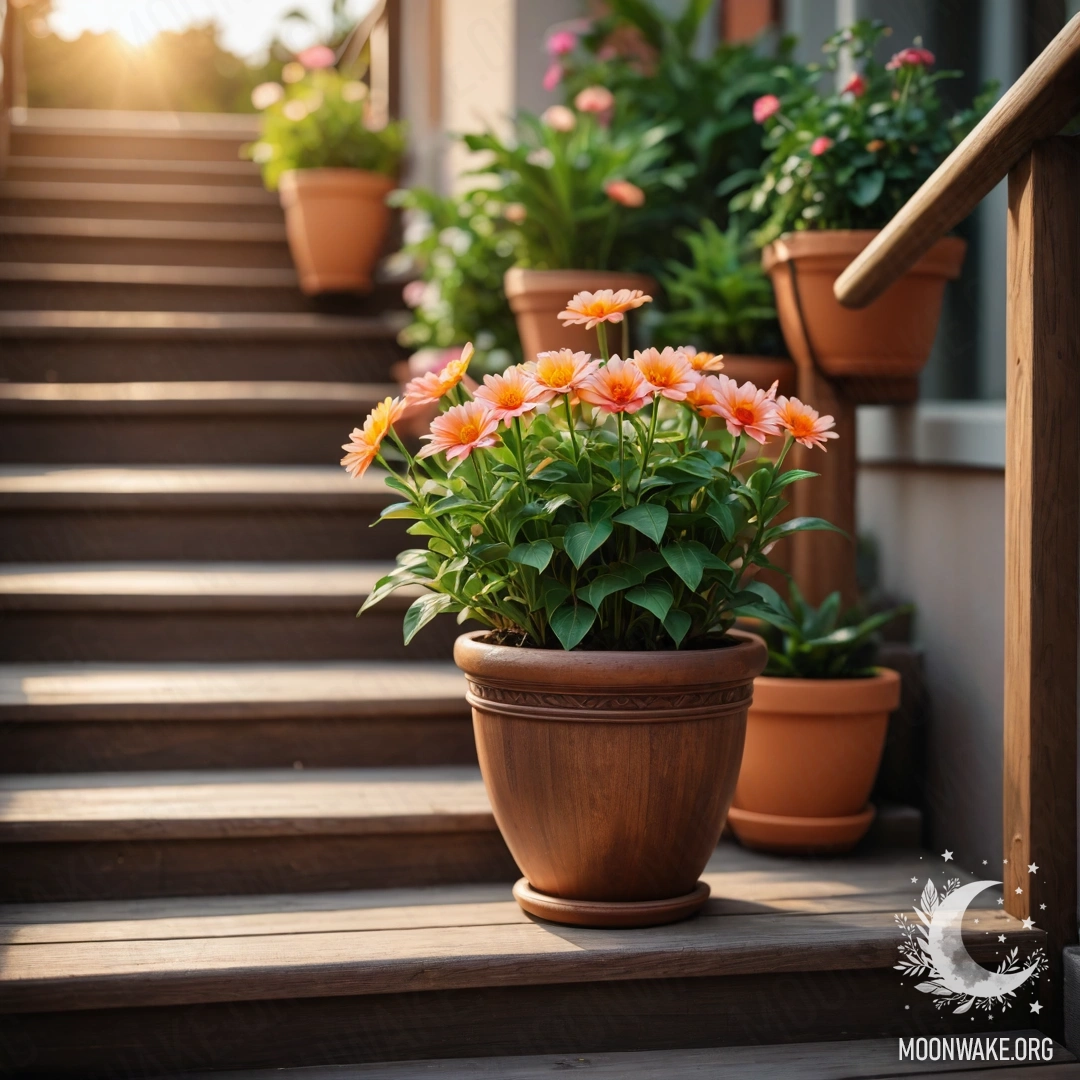 Теплая деревянная лестница, украшенная цветочными горшками на закате.
