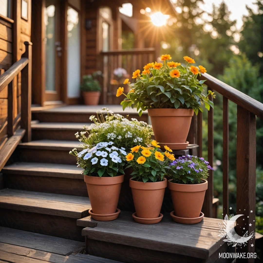 Деревянная лестница, украшенная цветочными горшками на закате.