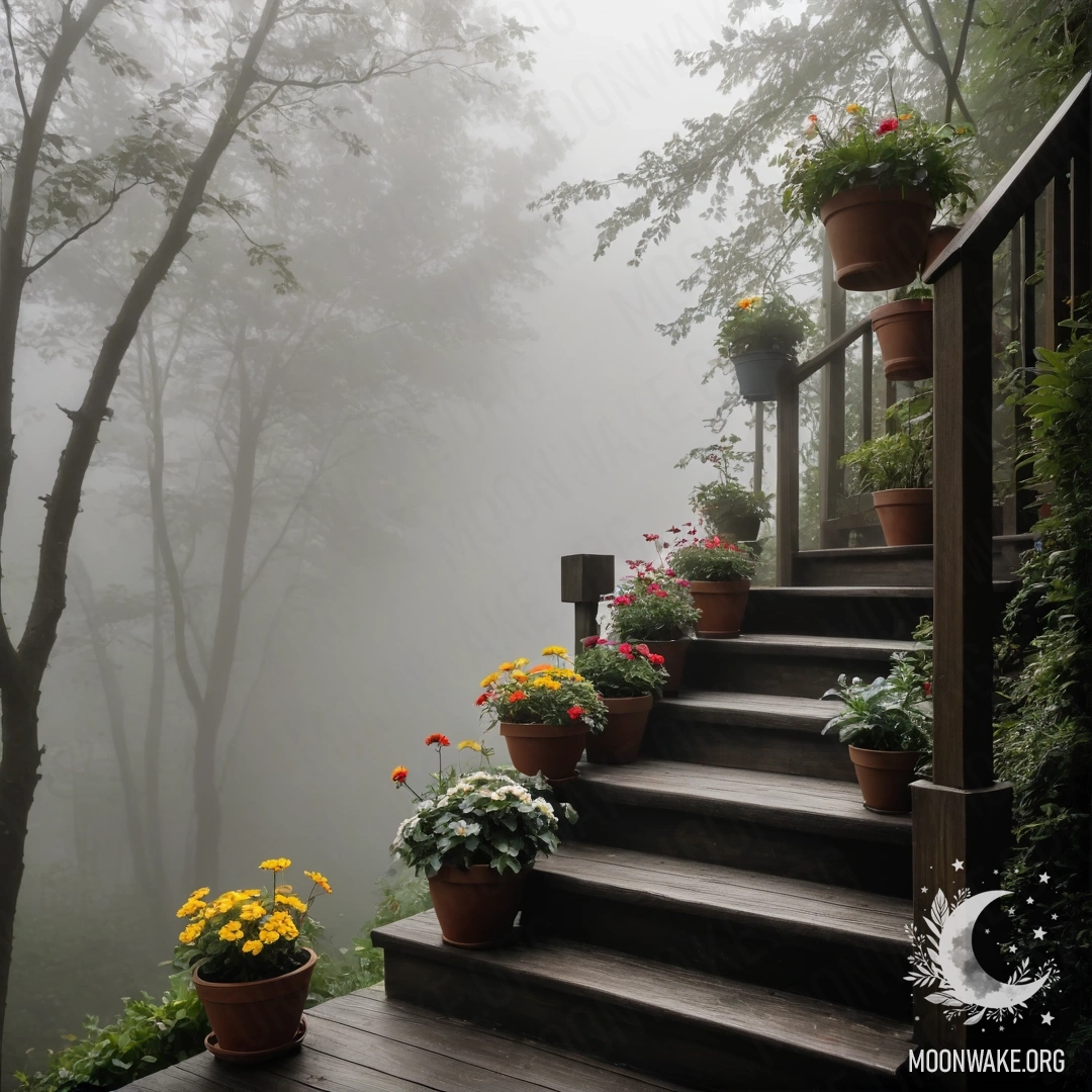 Деревянная лестница, украшенная цветочными горшками, утопающая в густом тумане.