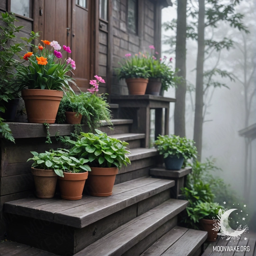 Деревянная лестница, украшенная цветочными горшками, окутанная плотным туманом.