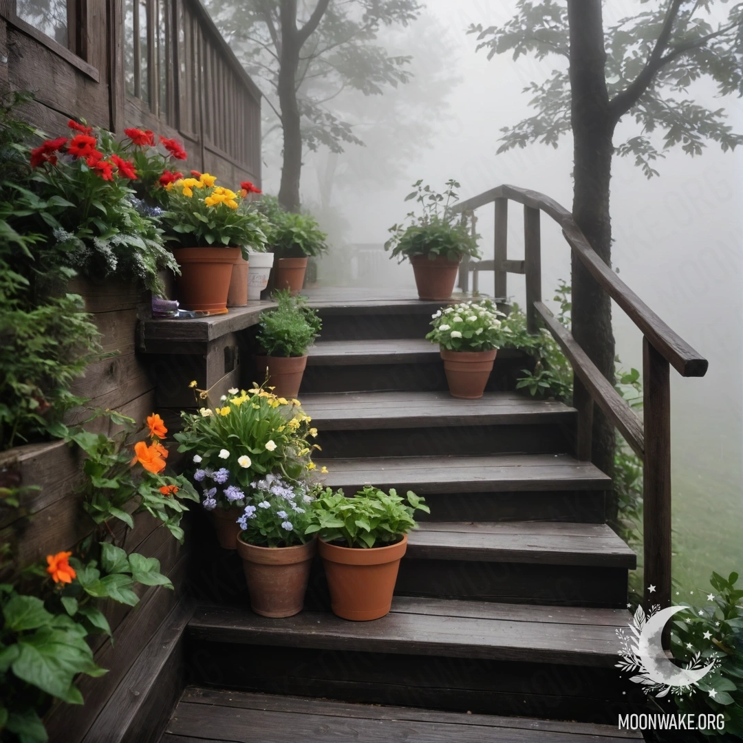 Деревянная лестница, украшенная цветочными горшками, окруженная густым туманом.