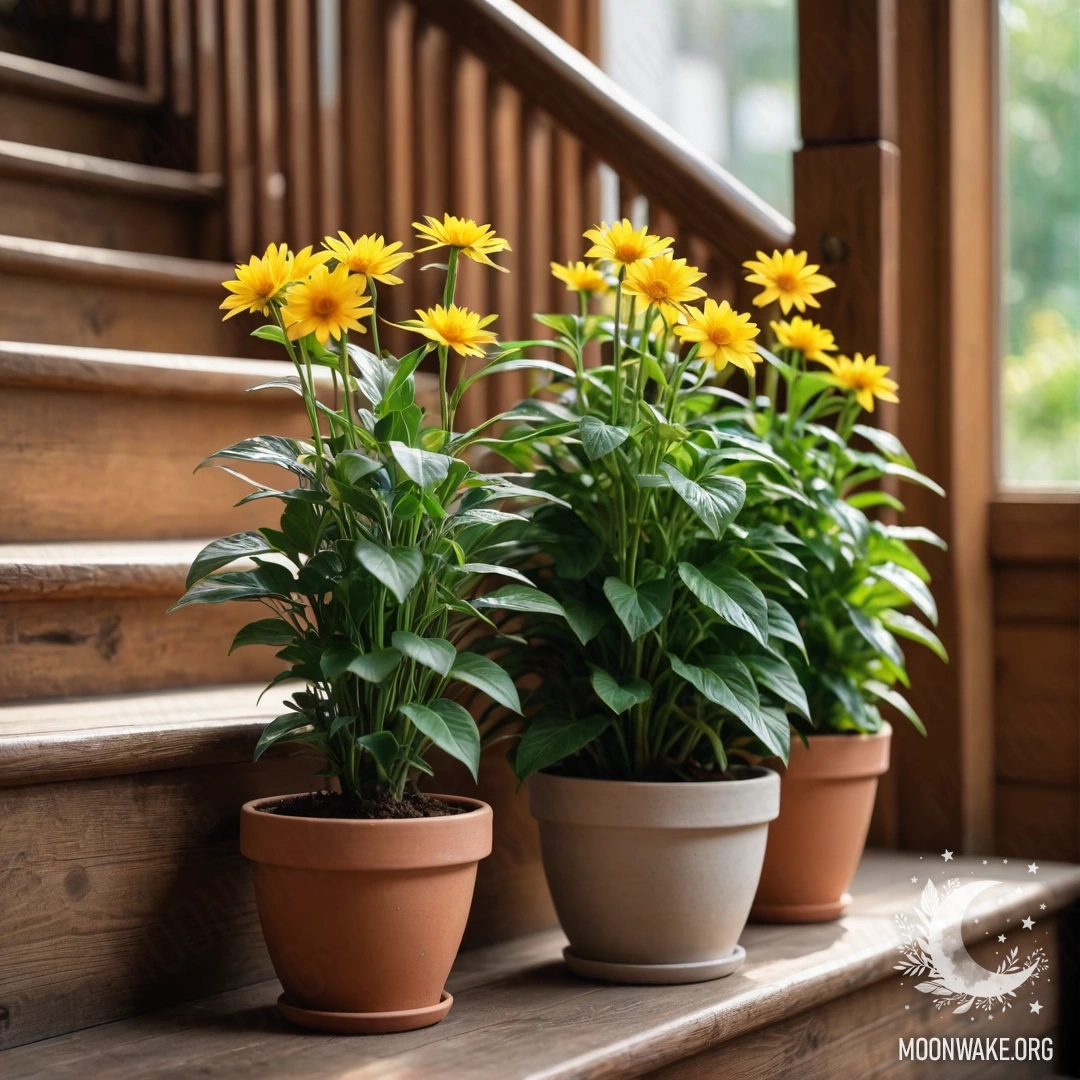 Очаровательная деревянная лестница, украшенная цветочными горшками.