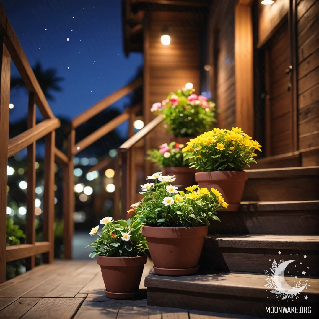 Деревянная лестница ночью, украшенная цветочными горшками.