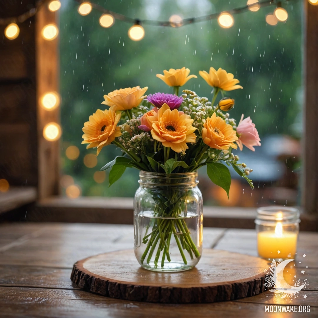Старый деревянный стол с банкой цветов, освещённый боке гирлянды на фоне дождя.