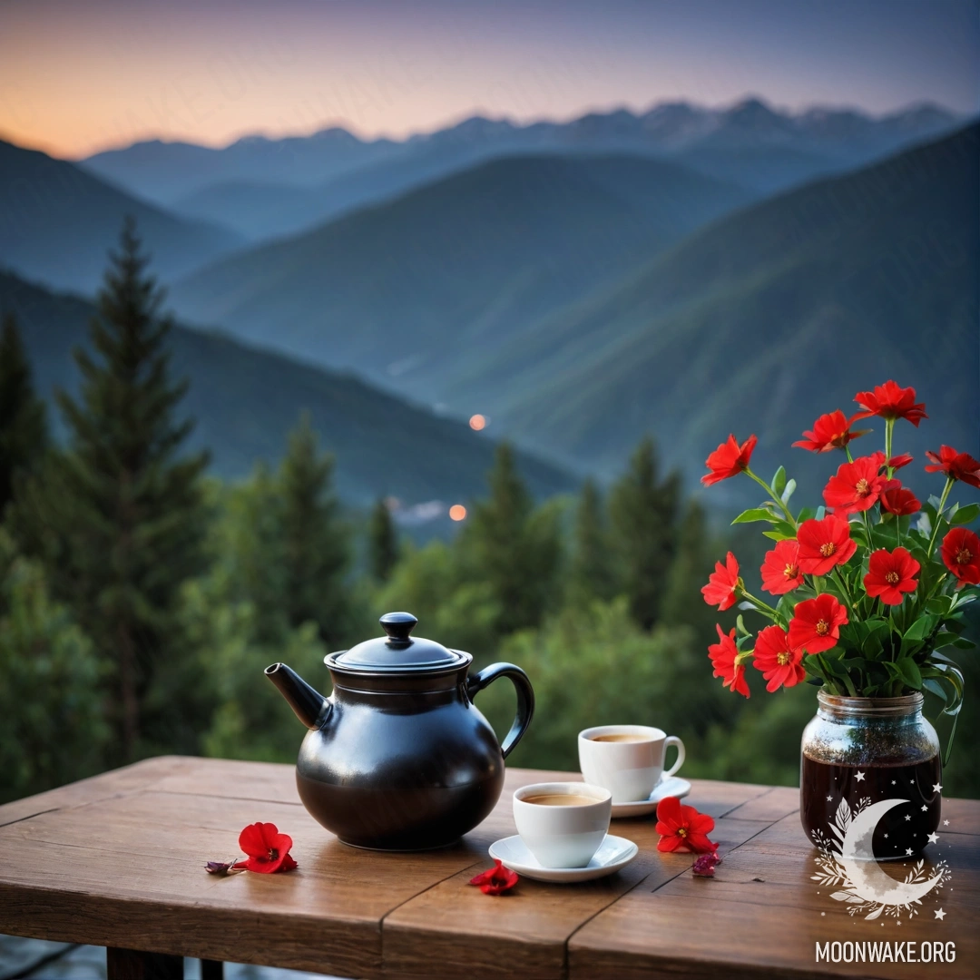 Деревянный стол, украшенный банкой с красными цветами, кофейником и чашками на фоне горной местности ночью.